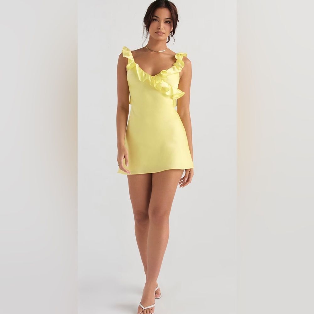 House of CB Buttercup Satin Ruffle Mini Dress Yellow size Large Plus Cup (D-E)